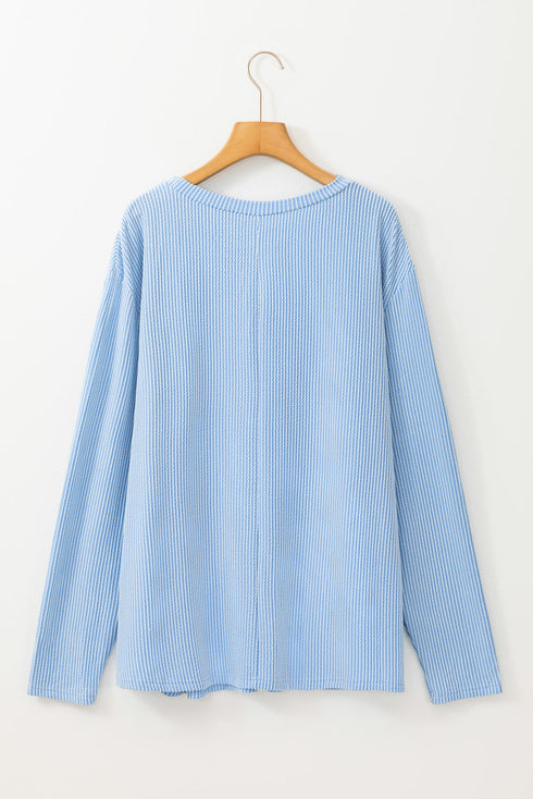 Corded Textured Solid Ribbed Long Sleeve Top