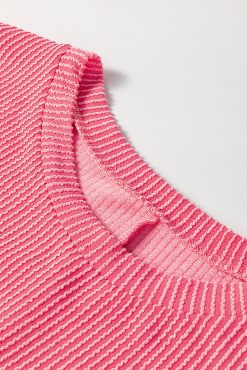 Corded Textured Solid Ribbed Long Sleeve Top