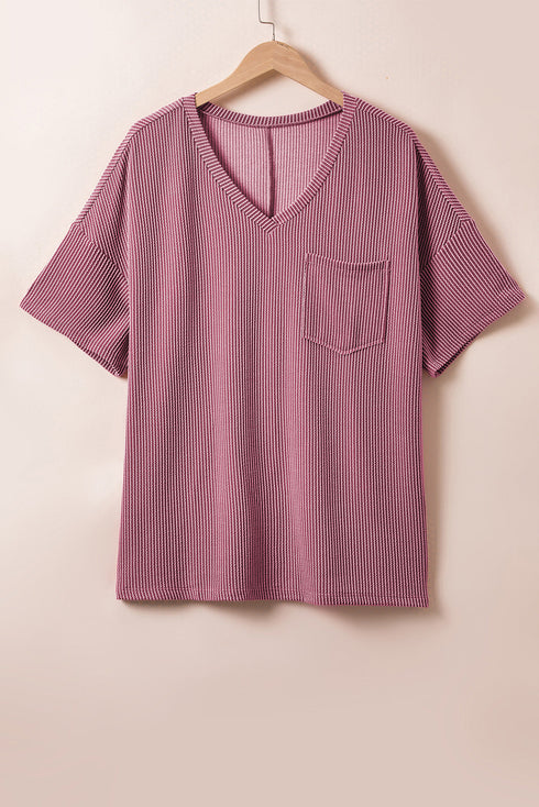 Corded Textured V Neck Drop Shoulder Plus Size Tee