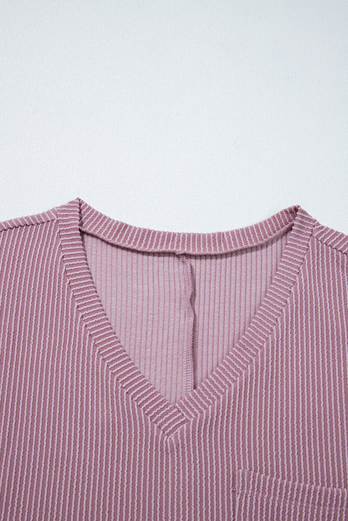 Corded Textured V Neck Drop Shoulder Plus Size Tee