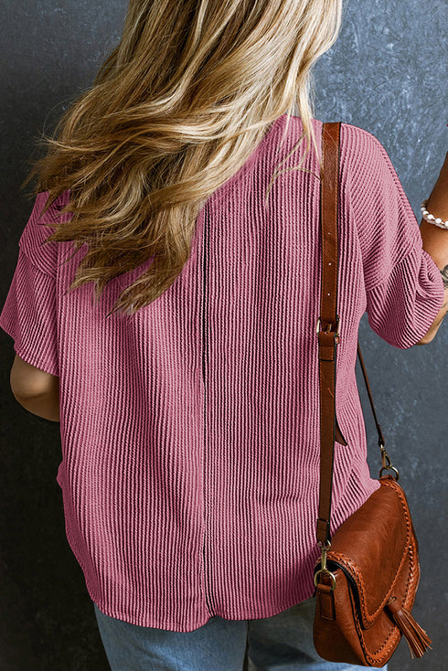 Corded Textured V Neck Drop Shoulder Plus Size Tee