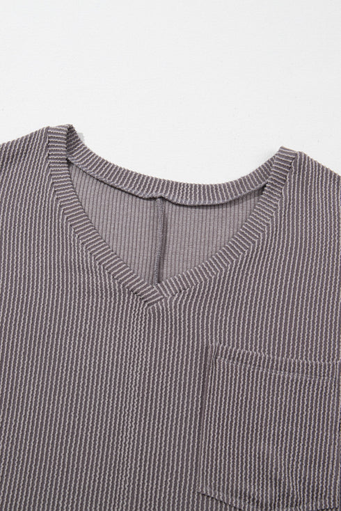 Corded Textured V Neck Drop Shoulder Plus Size Tee