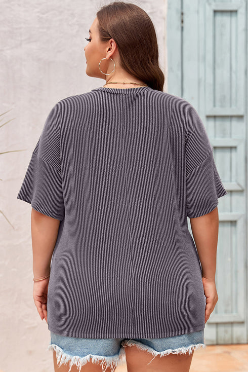 Corded Textured V Neck Drop Shoulder Plus Size Tee