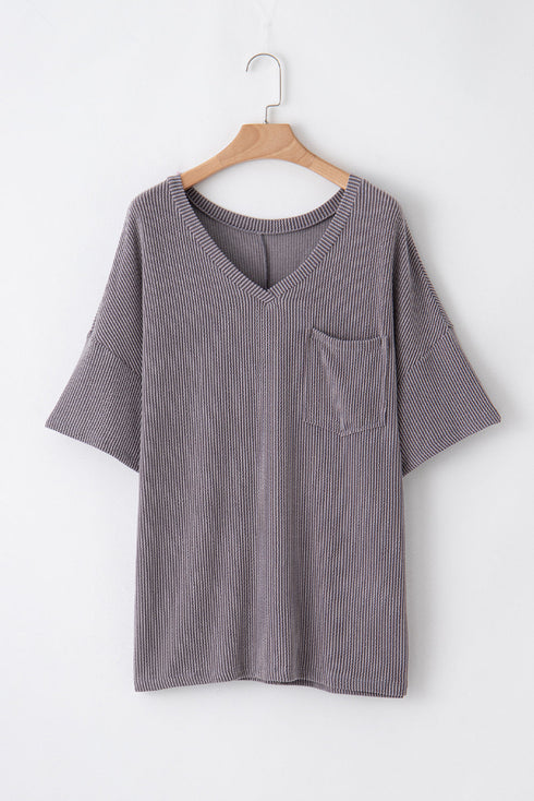 Corded Textured V Neck Drop Shoulder Plus Size Tee