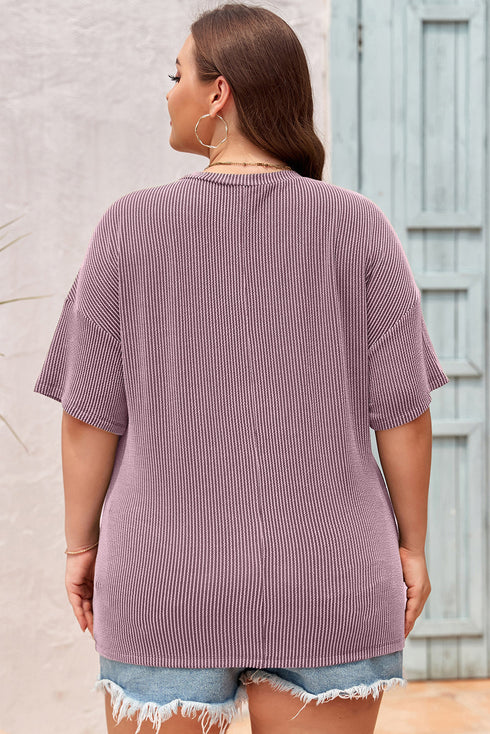 Corded Textured V Neck Drop Shoulder Plus Size Tee