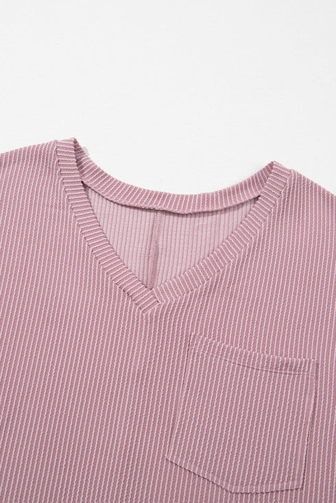 Corded Textured V Neck Drop Shoulder Plus Size Tee