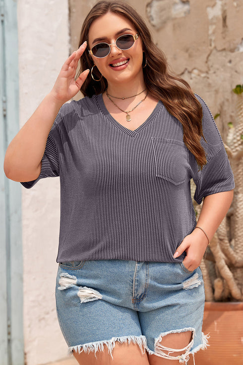 Corded Textured V Neck Drop Shoulder Plus Size Tee