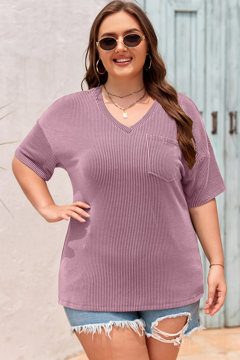 Corded Textured V Neck Drop Shoulder Plus Size Tee