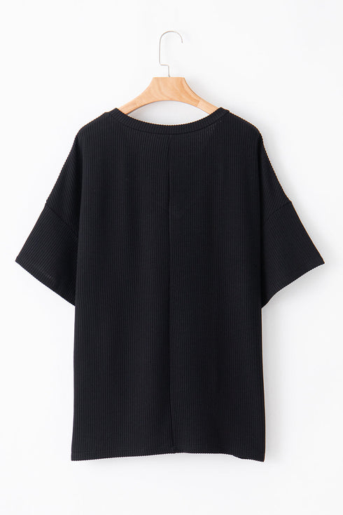 Corded Textured V Neck Drop Shoulder Plus Size Tee