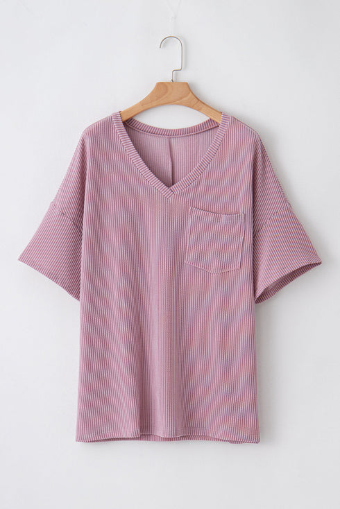Corded Textured V Neck Drop Shoulder Plus Size Tee