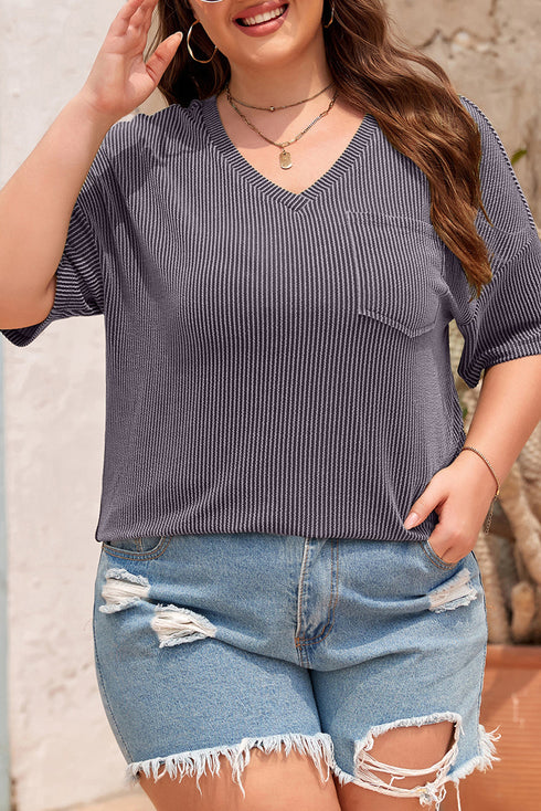 Corded Textured V Neck Drop Shoulder Plus Size Tee