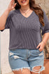 Corded Textured V Neck Drop Shoulder Plus Size Tee