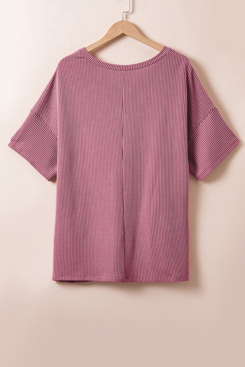 Corded Textured V Neck Drop Shoulder Plus Size Tee