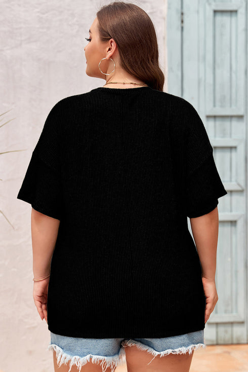 Corded Textured V Neck Drop Shoulder Plus Size Tee