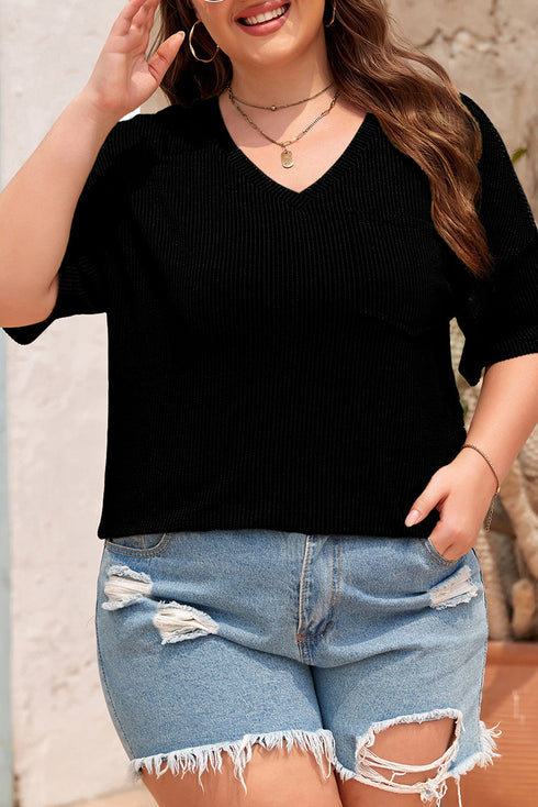 Corded Textured V Neck Drop Shoulder Plus Size Tee