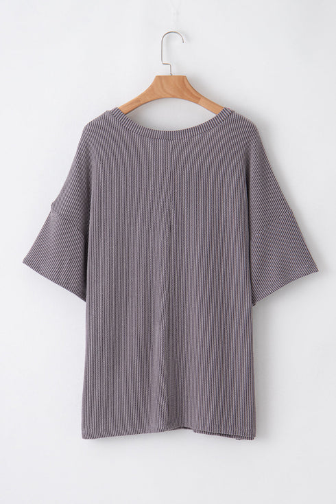Corded Textured V Neck Drop Shoulder Plus Size Tee
