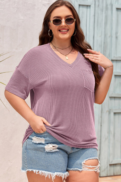 Corded Textured V Neck Drop Shoulder Plus Size Tee