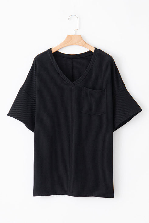 Corded Textured V Neck Drop Shoulder Plus Size Tee