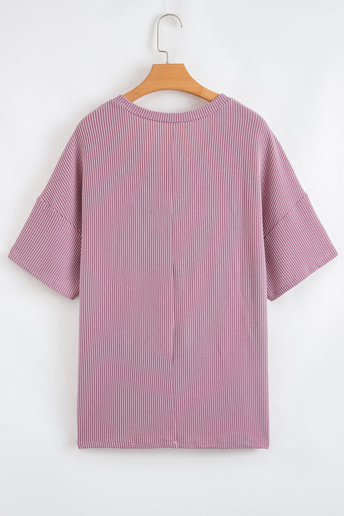 Corded Textured V Neck Drop Shoulder Plus Size Tee