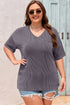Corded Textured V Neck Drop Shoulder Plus Size Tee