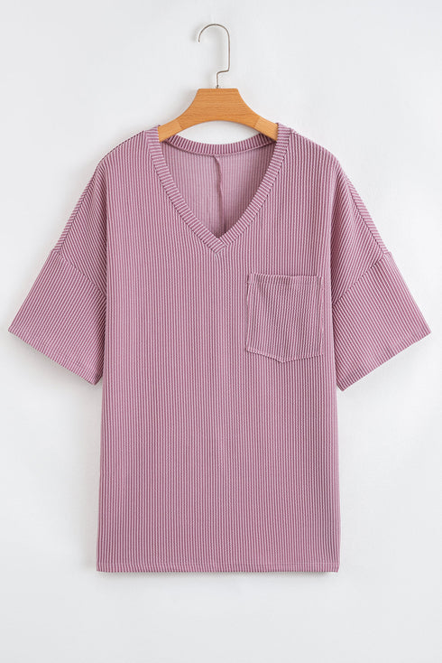 Corded Textured V Neck Drop Shoulder Plus Size Tee