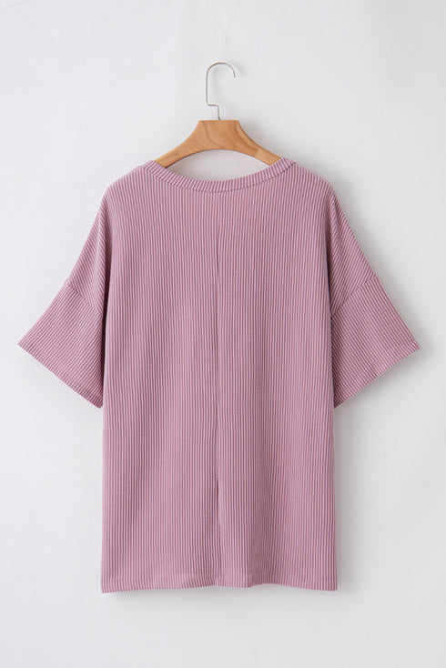 Corded Textured V Neck Drop Shoulder Plus Size Tee