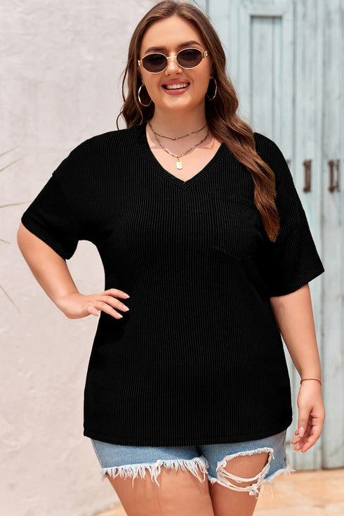 Corded Textured V Neck Drop Shoulder Plus Size Tee