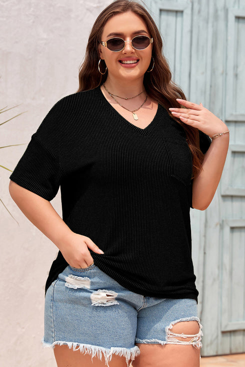 Corded Textured V Neck Drop Shoulder Plus Size Tee