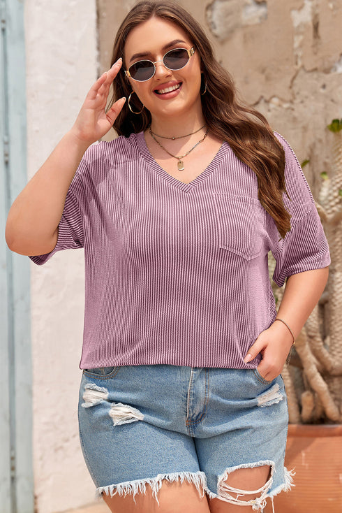 Corded Textured V Neck Drop Shoulder Plus Size Tee