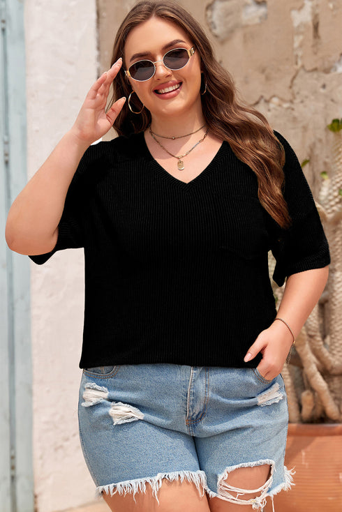 Corded Textured V Neck Drop Shoulder Plus Size Tee