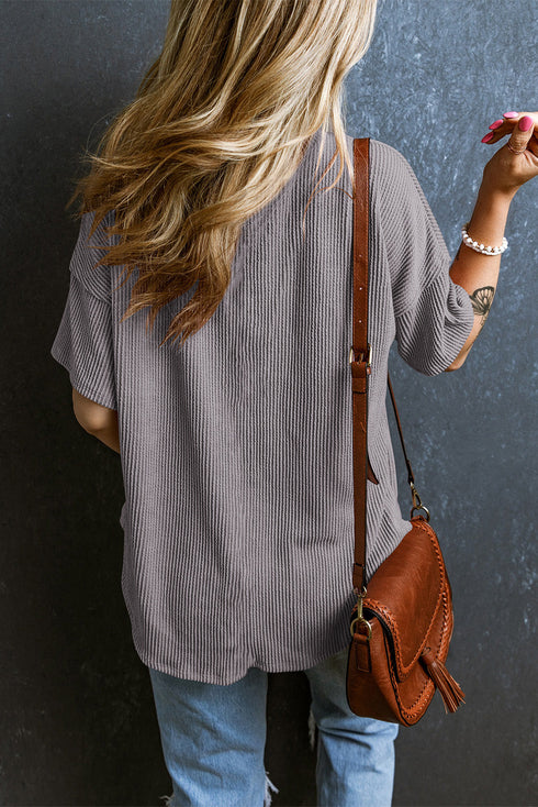 Corded V Neck Short Sleeve Loose Fit Pocket Tee