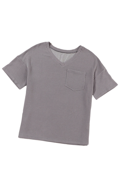 Corded V Neck Short Sleeve Loose Fit Pocket Tee