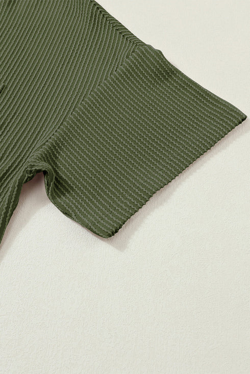 Corded V Neck Short Sleeve Loose Fit Pocket Tee