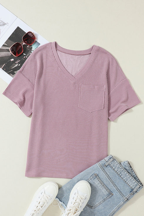 Corded V Neck Short Sleeve Loose Fit Pocket Tee