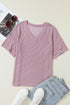 Corded V Neck Short Sleeve Loose Fit Pocket Tee