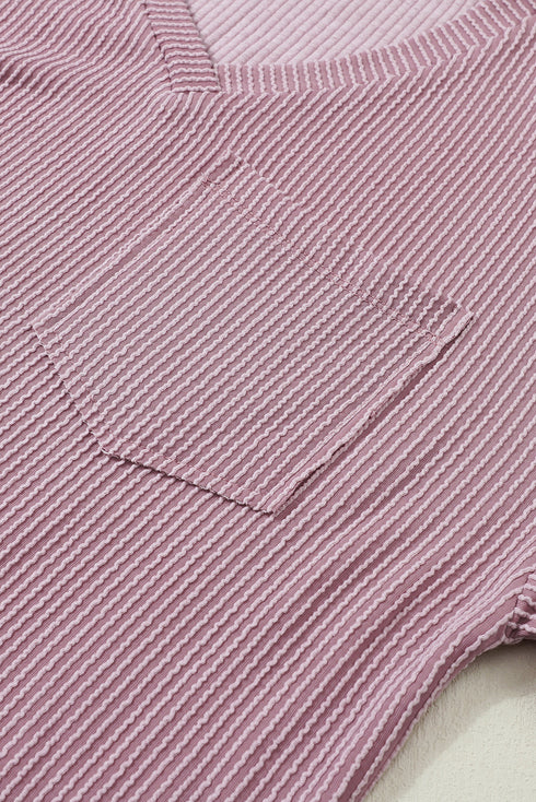 Corded V Neck Short Sleeve Loose Fit Pocket Tee