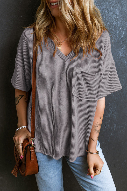 Corded V Neck Short Sleeve Loose Fit Pocket Tee