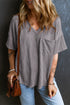 Corded V Neck Short Sleeve Loose Fit Pocket Tee