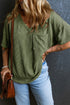 Corded V Neck Short Sleeve Loose Fit Pocket Tee