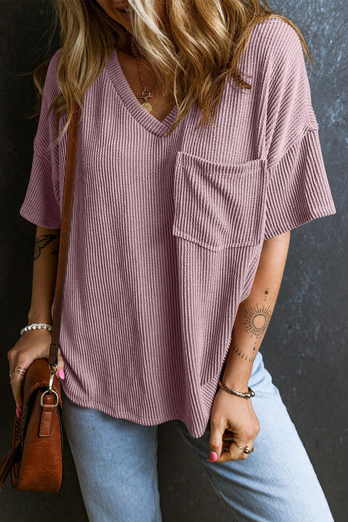 Corded V Neck Short Sleeve Loose Fit Pocket Tee