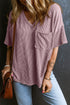 Corded V Neck Short Sleeve Loose Fit Pocket Tee