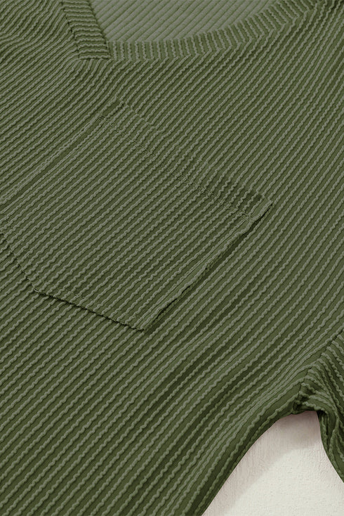 Corded V Neck Short Sleeve Loose Fit Pocket Tee
