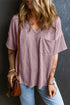 Corded V Neck Short Sleeve Loose Fit Pocket Tee