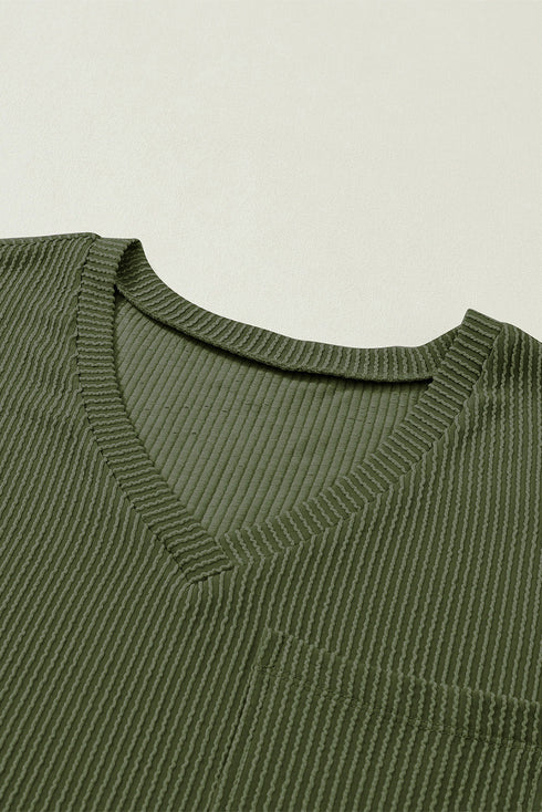 Corded V Neck Short Sleeve Loose Fit Pocket Tee