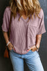 Corded V Neck Short Sleeve Loose Fit Pocket Tee