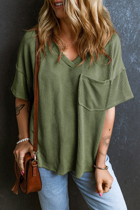 Corded V Neck Short Sleeve Loose Fit Pocket Tee