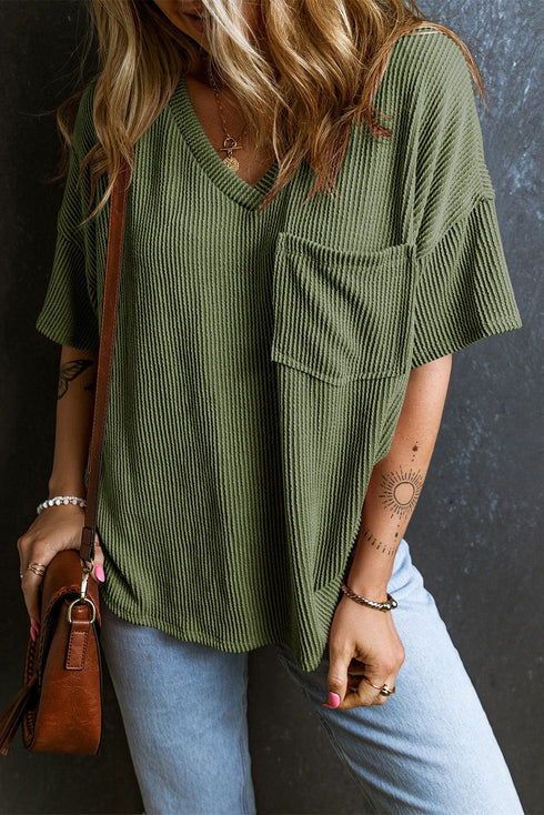 Corded V Neck Short Sleeve Loose Fit Pocket Tee