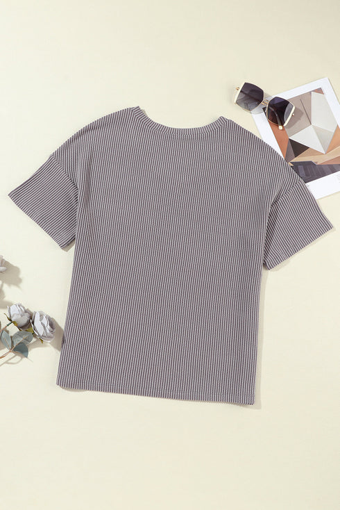 Corded V Neck Short Sleeve Loose Fit Pocket Tee