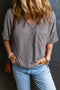 Corded V Neck Short Sleeve Loose Fit Pocket Tee