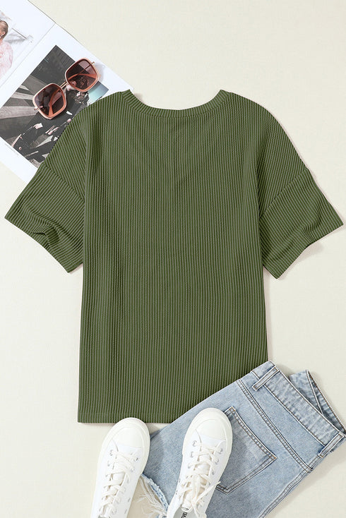 Corded V Neck Short Sleeve Loose Fit Pocket Tee